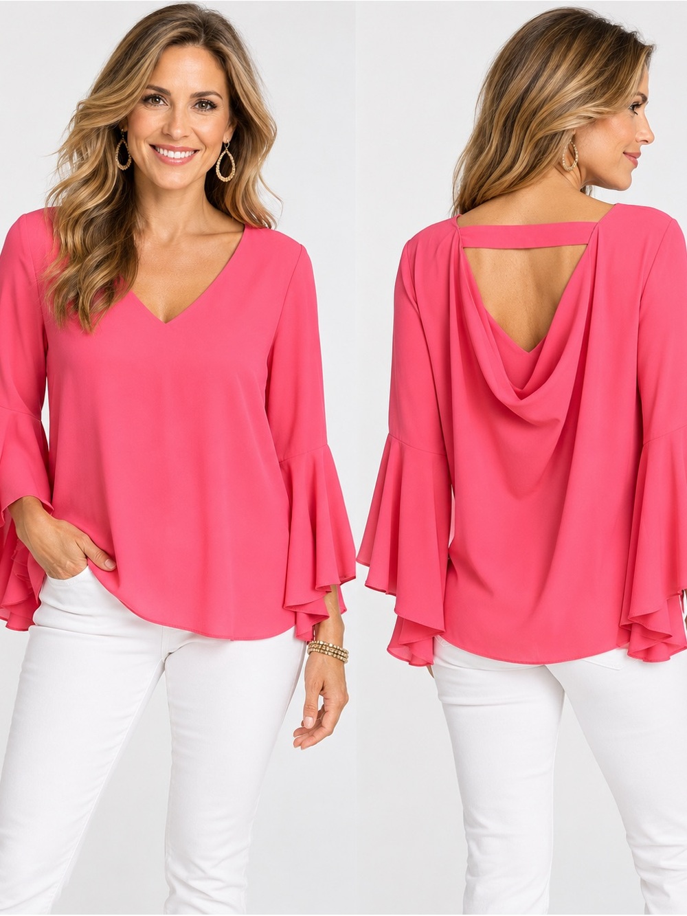 White House Black Market Coral Pink Bell Sleeve Cowl Back Blouse S/M